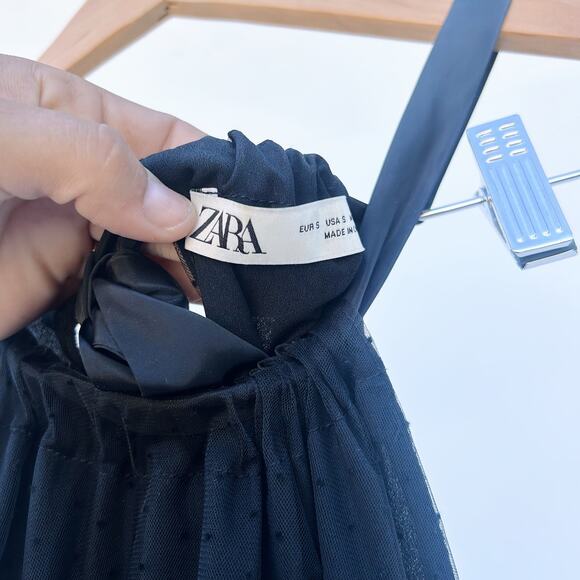 Zara Tulle Tiered Swiss Dot Gown Maxi Holiday Dress Black Belted Witchy Small - Picture 7 of 11